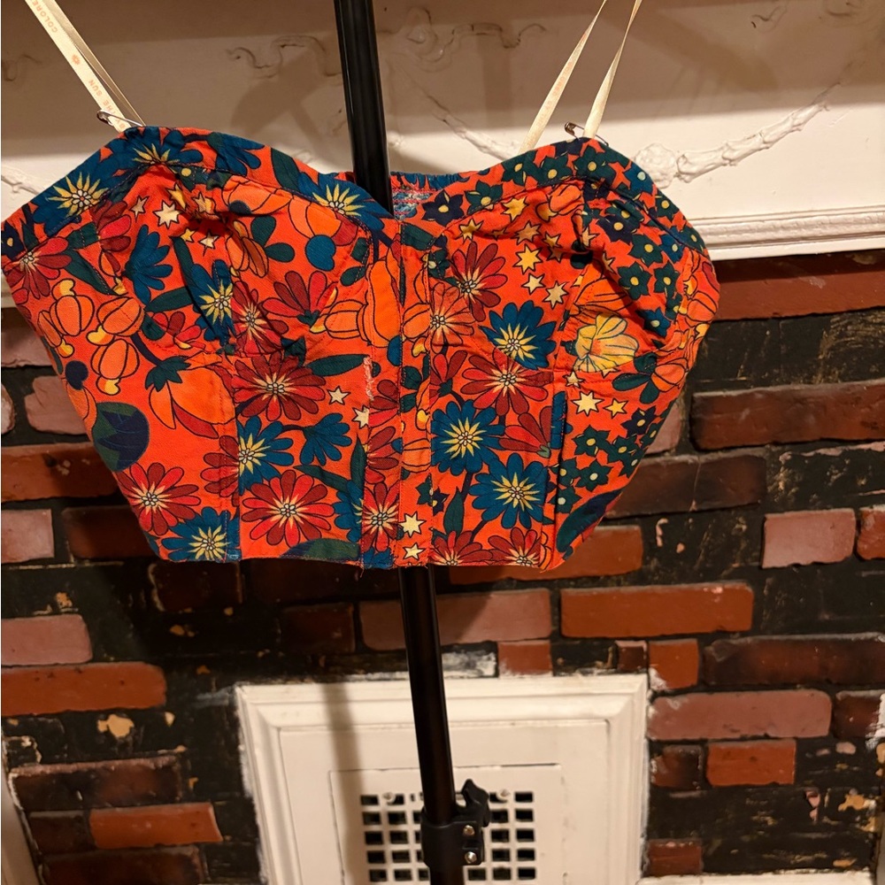 Anthropologie Orange Floral Bustier Camisole with Teal Accents